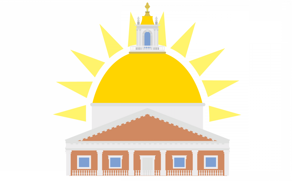 A stylized version of the Massachusetts State House with rays of the sun behind the golden dome